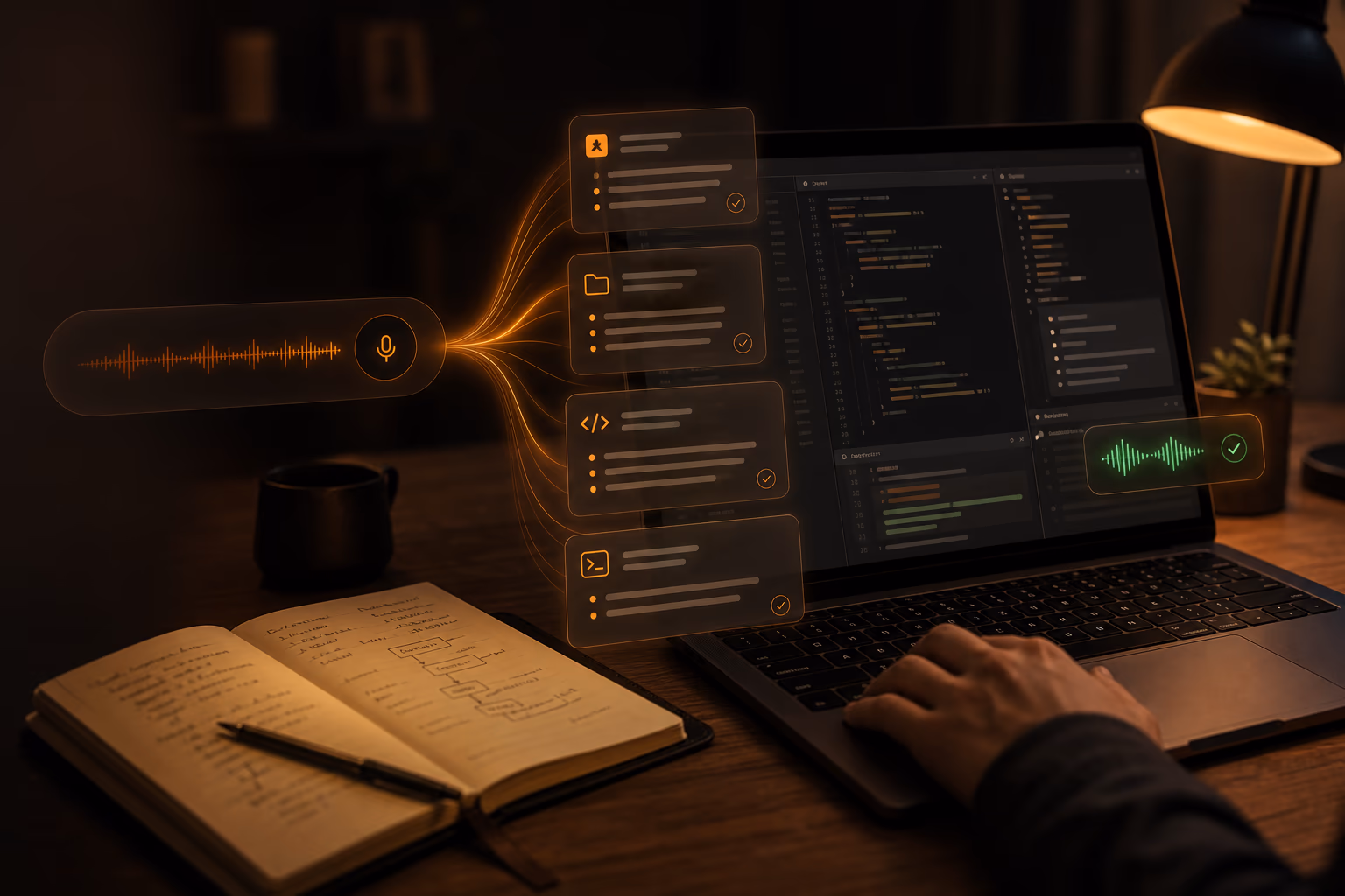 A developer's workspace at night — OmniVox pill projecting structured prompt cards into a code editor next to an open journal